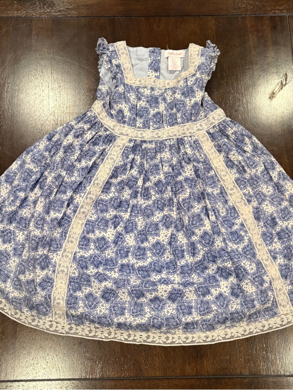 Vintage Lydia Jane Girls Dress Blue White Paisley Lace Trim Cottagecore Size 6